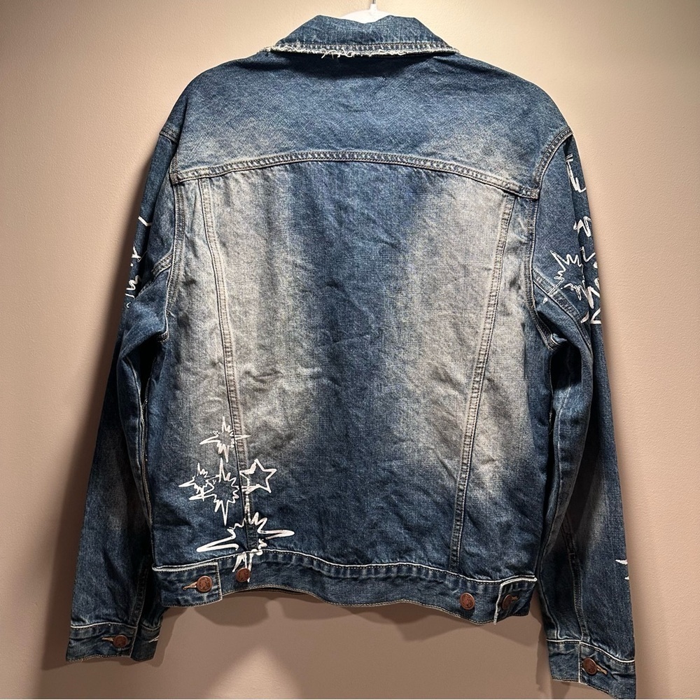 Billionaire Boys Club Button Up Denim Jacket Stars Faded Wash Distressed Collar - Picture 8 of 16